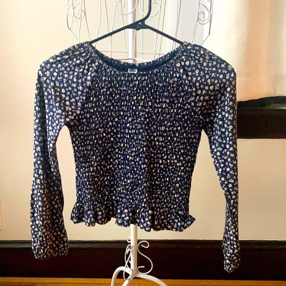 Old Navy Navy Floral Ruched Long Sleeve Top